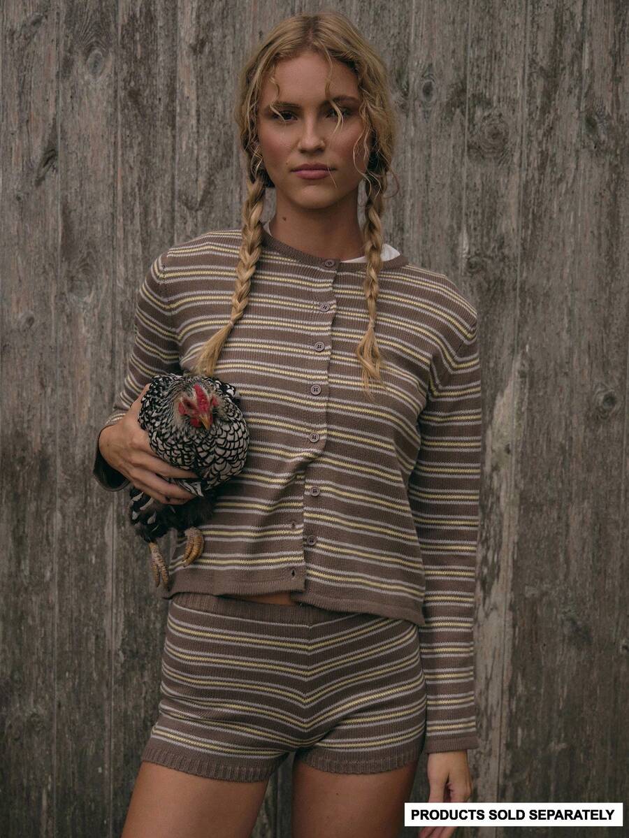 MUSERA Áo khoác cardigan cổ tròn viền ren kẻ sọc cài nút, phong cách đường phố dễ thương, phù hợp cho lễ hội, trang trại, đồng quê, cổ điển, mùa đông thanh lịch, mùa xuân. - Nhiều màu - Xem 1