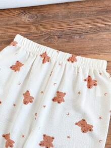 2件套女童小熊印花褶皱面料休闲舒适睡衣套装 - 杏色 - 查看 11