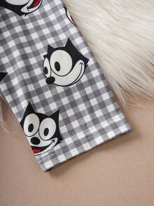 SHEIN Felix The Cat Baby Boy Plaid & Cartoon Print Button-Front Long Sleeve Top And Pants Pajama Set - Black and White - View 5