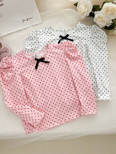 Genkimix Kids 2pcs/Pack Toddler Girl Polka Dot Puff Long Sleeve T-Shirts With Bow Decor, Pink And White Color