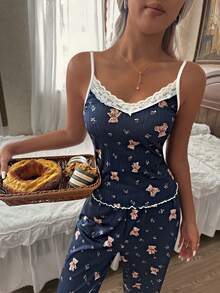 CottageSlumber Bộ đồ ngủ 2 món cổ chữ V phối ren hoa lãng mạn và quần dài cho nữ - Màu xanh hải quân - Xem 5