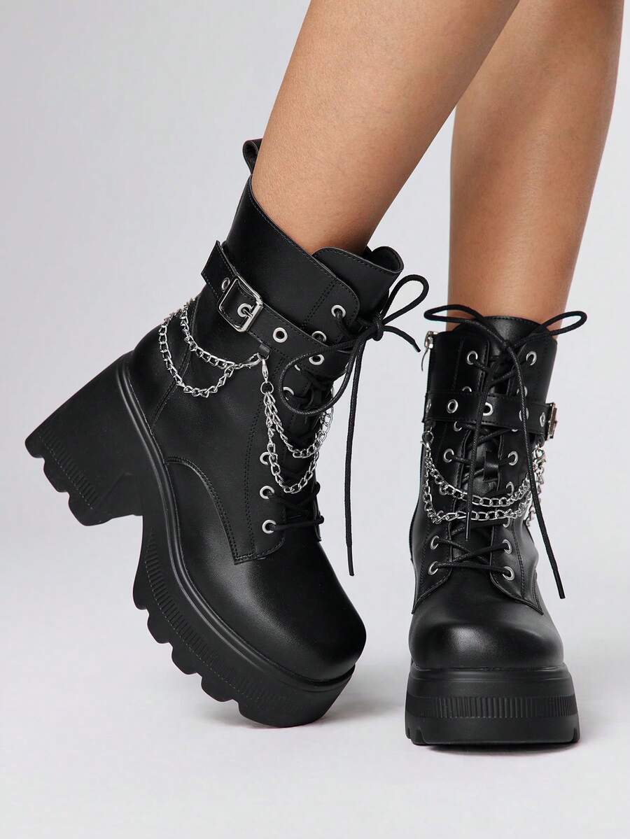 ROMWE Giày bốt cao gót buộc dây đến giữa bắp chân có khóa cài kiểu Corns Buckle Chain dành cho nữ - màu đen - Xem 1