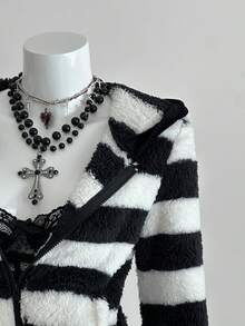 EgrlEra Áo khoác nỉ nữ thời trang kẻ sọc đen trắng có khóa kéo - Đen và trắng - Xem 7