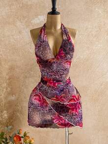 Soleia Vestido mini con estampado de leopardo y flores, con escote halter y espalda descubierta, para vacaciones - Multicolor - Ver 4