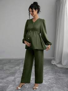 Momance 2pcs Maternity Set: Shirred Long Sleeve Cardigan With Button Front, Waist Pleated Design; Loose Fit Maternity Pants - Green - View 3