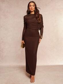 Silquee Elegant Romantic Solid Color Ruffle Collar Asymmetrical Pleated Waist Long Sleeve Dress - Coffee Brown - View 1