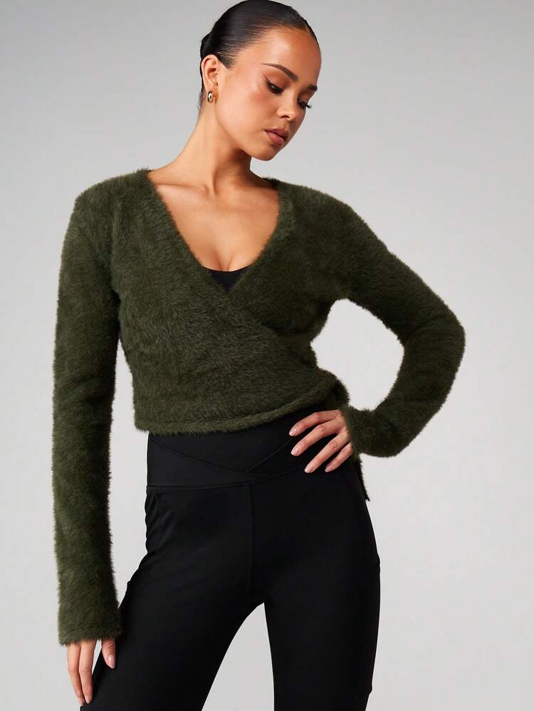 MISSGUIDED Cárdigan envolvente esponjoso de estilo forestal con cinturón de amarre, jersey de punto de manga larga acogedor, prenda básica de capas para otoño e invierno