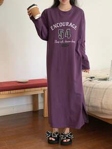 DAZY 英文数字印花宽松长袖睡裙，女士睡衣连衣裙 - 紫色 - 查看 7