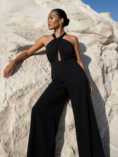CAJUNI Solid Color Jumpsuit Chic Vacation Series Black Jumpsuit Women Elegant
