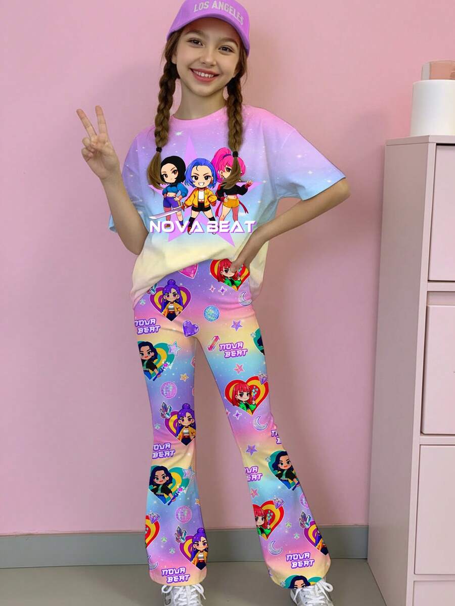 2件組 青少年女孩休閒時尚街頭風 卡通動漫 K-Pop 圖案紮染 T恤與長褲套裝,適合外出、返校、度假、節慶 - 彩色 - 查看 1