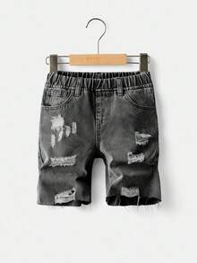 SHEIN 男童做旧休闲破洞浅蓝色宽松牛仔长款短裤，适合春夏日常穿着 - 黑色 - 查看 5