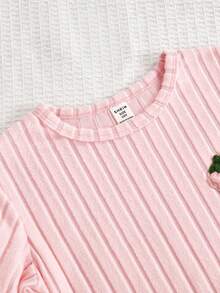 Girls Comfortable Casual Strawberry Graphic Ribbed Fabric Long Sleeve Top And Pants Pajama Set - Pink - View 3