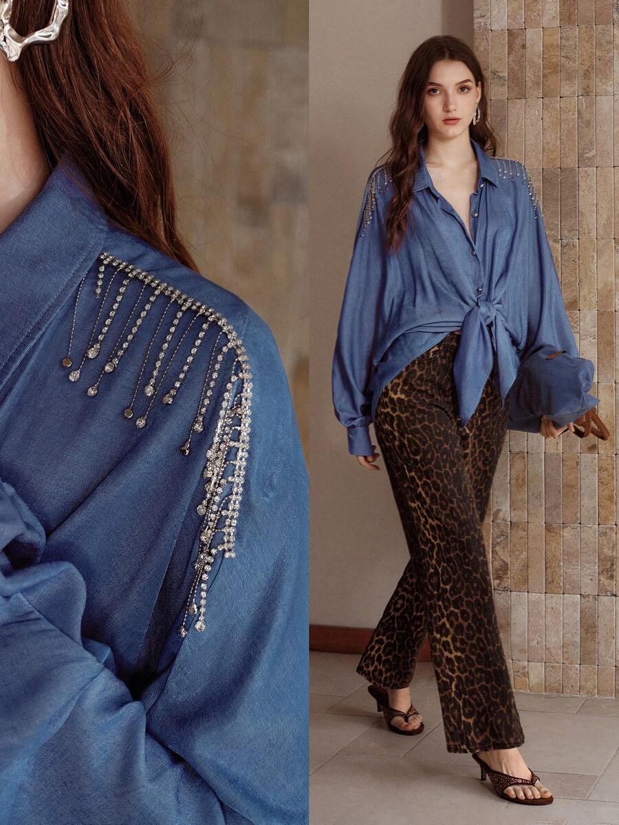 MOTF PREMIUM Áo cánh dơi tay cánh dơi trang trí tua rua đính đá - Màu xanh lam - Xem 1