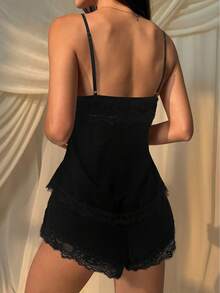 SHEIN EZwear 女士黑色蕾丝拼接吊带背心和短裤两件套 - 黑色 - 查看 2