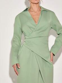 COSMINA Women's Long Sleeve Ruched Waist V-Neck Dress,Sage Green,Autumn,Elegant,Office Wear,Commuting,Formal Occasions,Business Casual Light Green Dress - Green - View 2