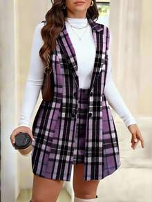Vionelle 大码女式翻领单排扣格子无袖西装外套和中长裙优雅套装 - 彩色 - 查看 4