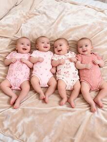 SHEIN Bộ 4 món áo liền thân họa tiết dễ thương cho bé sơ sinh - Nhiều màu - Xem 3