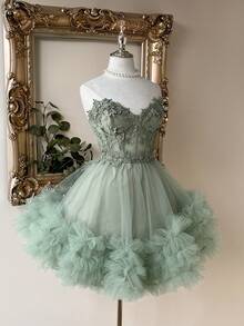 Lovelzi Elegant Luxurious Light Blue Crochet Lace & Satin Patchwork Handmade Embroidered Applique Waist Cutout Fitted Short Dress, Suitable For Dates, Singles Parties, Galas, Balls - Green - View 3