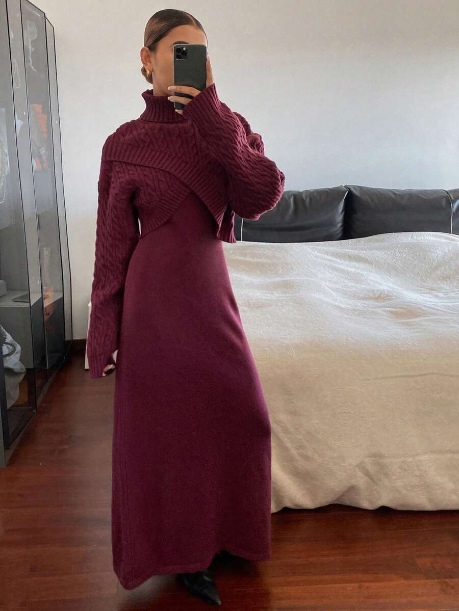Livesso Women's Turtleneck Sweater Dress With Casual Mini Skirt, Suitable For Christmas Party Dress - Red - View 1