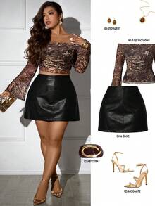 Femmeverse Saia Míni A-Line de Couro PU com Estampa de Pele de Crocodilo, Plus Size, Versátil e Afina, Adequada para o Trabalho - Preto - Visão 1