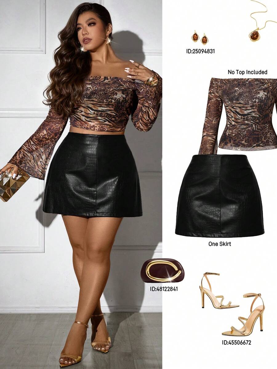 Femmeverse Saia Míni A-Line de Couro PU com Estampa de Pele de Crocodilo, Plus Size, Versátil e Afina, Adequada para o Trabalho - Preto - Visão 1