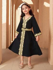 Young Girls Colorblock Printed Long Sleeve Dress Kids Black Abaya Girls Kids Arabian Dress Kids Dress For Girls, Abaya Dress For Girls, Arabian Dress For Girls - Black - View 8