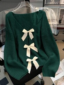 SHEIN LUNE 女士宽松蝴蝶装饰落肩长袖毛衣，秋冬季时尚单品 - 墨綠色 - 查看 5
