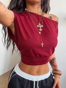 Coolane Women's Spring/Summer Concert Outfit Streetwear Sport Wear Daily Wear Basic Casual Y2K Stretchy Asymmetrical Neck Cropped T-Shirt - Burgundy - View 5