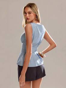 Avantive Áo tank top không tay kẻ sọc xanh dương ôm sát, xếp ly, thích hợp cho nữ mùa hè xuân, đi chơi, dự lễ tốt nghiệp, kỳ nghỉ hè, phong cách thường ngày. - Màu xanh lam - Xem 2