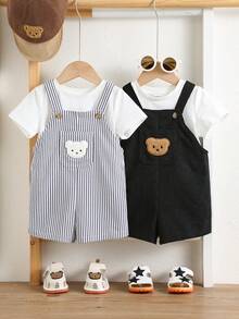 SHEIN 2件套可爱小熊条纹可调节肩带连体衣套装，男女宝宝通用，春夏款 - 黑色 - 查看 5