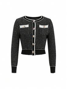 Ellevyn Conjunto de cardigan de manga larga y pantalones de punto con estampado total, ropa cómoda de otoño e invierno para mujeres - Negro - Ver 8