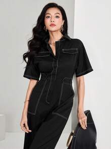 Heiryn 2026 Women's Short Sleeve Casual Jumpsuit With Lapel And Wide Leg, Spring/Summer - Black - View 2
