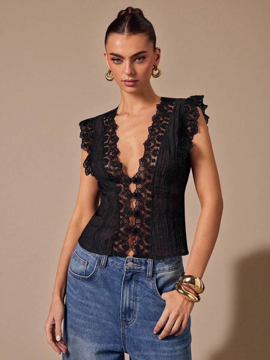SHEIN BAE 黑色蕾丝无袖V领极简上衣，黑色蕾丝吊带背心 - 黑色 - 查看 1