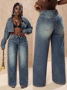 SHEIN PETITE Women's Pocketed Button Casual Versatile Commuting Wide Leg Jeans Jean Outfits Sets For Women Y2k Jeans  Heart Pocket Jeans Valentines Day - Blue - View 1