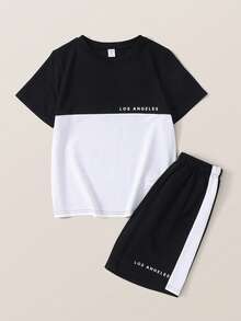 2pcs Tween Boy Black And White Patchwork Top And Shorts Set,College Style Summer Casual City Break Outfit For School,Commuting,Daily Wear And Sports - Black and White - View 5