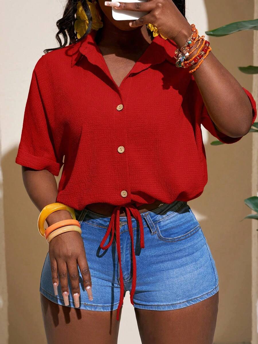 Slaydiva Áo sơ mi tay ngắn màu cam vải kết cấu mới cho mùa xuân/hè - Đỏ - Xem 1