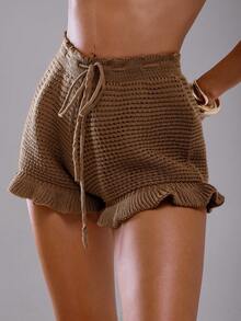 Swim Glamine 女士纯色抽绳腰荷叶边下摆罩衫短裤套装 - 棕色 - 查看 1
