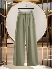 GlowEve 女士优雅口袋装饰高腰阔腿裤 - 0.霧綠 - 查看 3