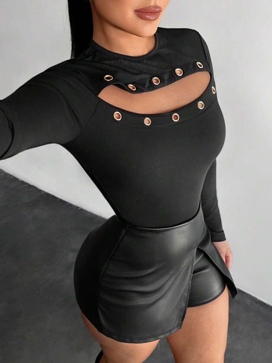 SHEIN SXY Sexy Hollow-Out Perforated Long Sleeve T-Shirt,Black ,Sexy ,Spring  ,Casual - Black - View 1
