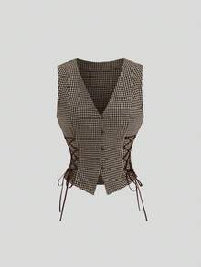 Sweetra 女士春季复古性感修身格子百搭舒适优雅高端外出棕色背心和百褶裙套装 - 棕色 - 查看 8