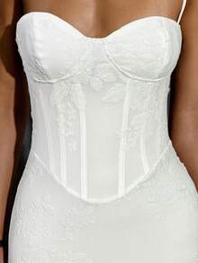 SHEIN BAE 女士优雅超长亮片刺绣吊带鱼尾连衣裙，黑色迷你派对礼服，适合鸡尾酒会、正式宴会、盛大晚宴、节日活动、万圣节、圣诞节等场合。 - 白色 - 查看 5