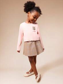 SUMWON Girls Long Sleeve Ribbed Crop Top With Embroidered Bear Character Detail Cute Pullover For Casual And Vacation - Baby Pink - View 3