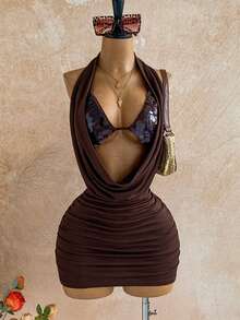 Soleia Váy ngắn không tay hở vai xếp nếp màu trơn gợi cảm cho nữ - Cà phê nâu - Xem 1