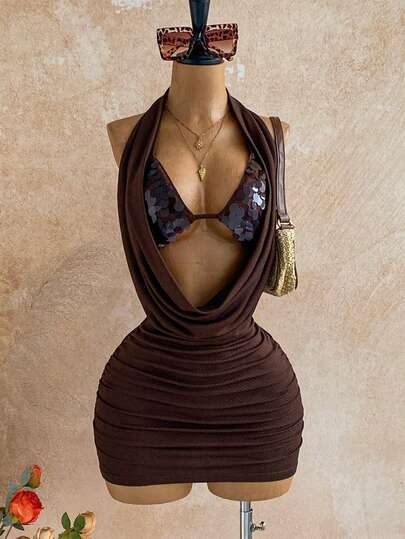 Soleia Party Dress Women's Solid Color Halter Neck Ruched Draped Sexy Hollow Out Sleeveless Mini Dress