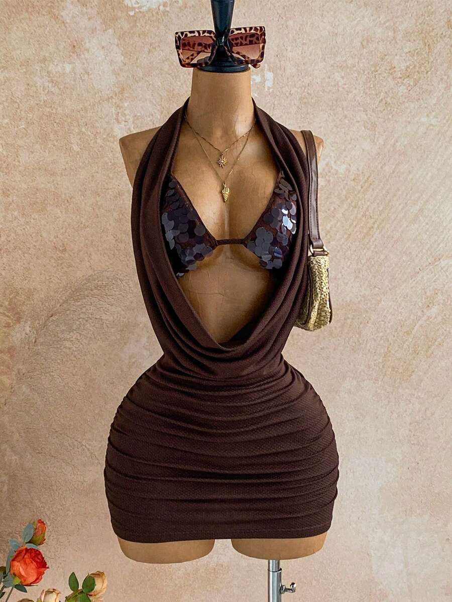 Soleia Váy ngắn không tay hở vai xếp nếp màu trơn gợi cảm cho nữ - Cà phê nâu - Xem 1