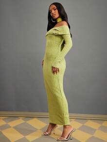 NYA SZN Vestido de hombros descubiertos de manga larga con herrajes, ajustado y entallado de punto acanalado, de punto, verde, para fiestas navideñas, Año Nuevo, eventos y fiestas, de lujo y elegante, de largo maxi para mujeres - Verde - Ver 3