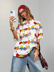 Mr Men Little Miss X SHEIN Women's Casual Cute Cartoon Pattern Round Neck Short Sleeve T-Shirt, Summer - Multicolor - View 3