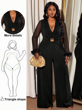 Truni Plus Size Women's Mesh Patchwork Wide Leg Jumpsuit, High Stretch Fabric With Metal Buckle And Furry Cuff Decor For 2026 New Year/Valentine's Day, For Pear & Triangle Body Shape