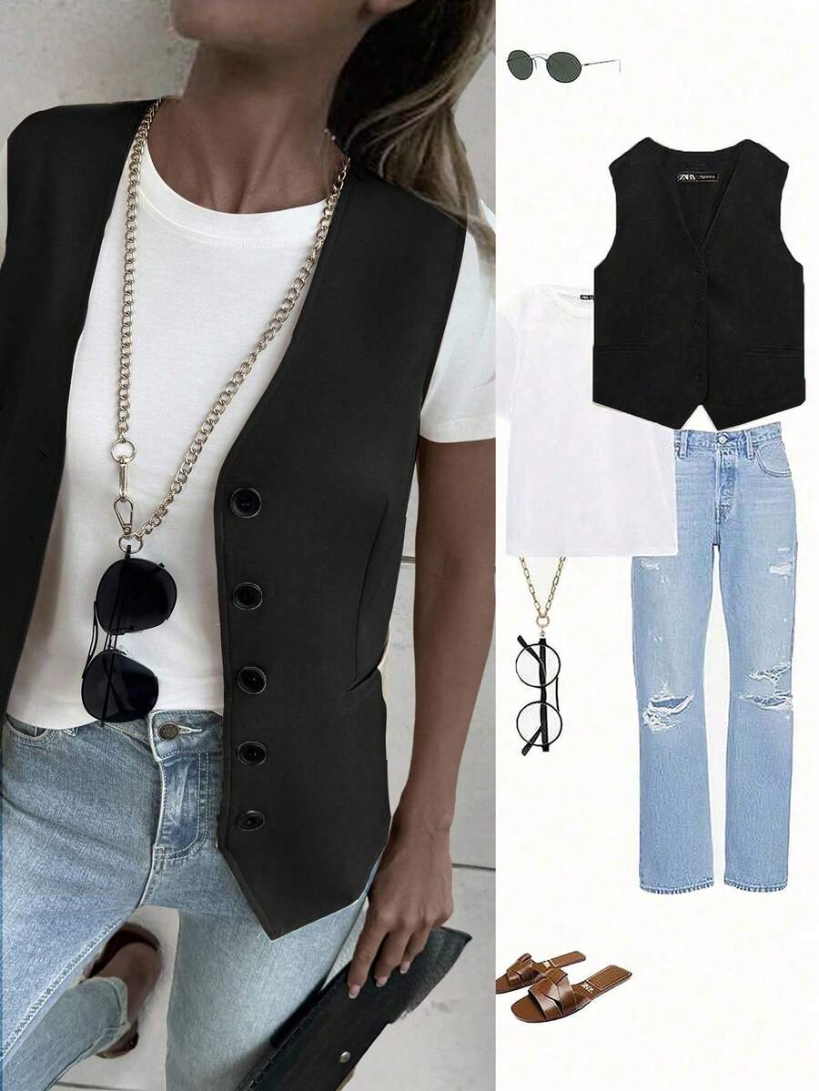 EMERY ROSE 2025 Autumn Limited Edition | Solid - Color V - Neck Button - Front Vest
Custom Metal Buttons, Wrinkle - Resistant & Drape - Perfect Fabric
For Work Commutes & Casual Outings
Niche, No - Duplicate Style, Versatile High - End Blouse - Black - View 1