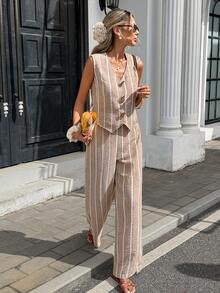 Serisse 女士度假休闲条纹背心和裤子两件套 - 杏色 - 查看 4